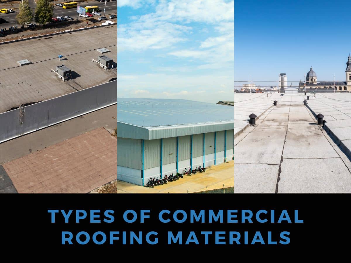 A variety of commercial roofing materials displayed on a rooftop.